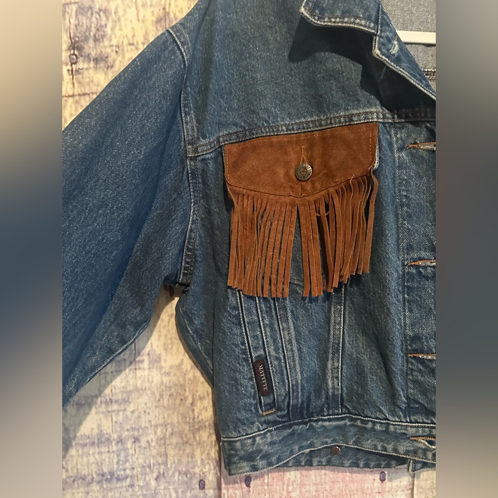 Womens Jean Denim Suede Fringe Western Cowgirl Rodeo Jacket Large Rock n Roll - Picture 5 of 16